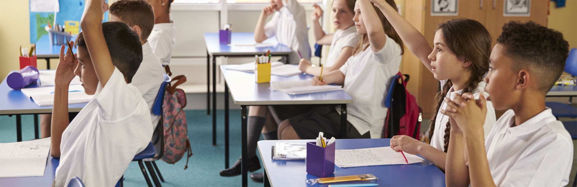 Pupils raising hands in class